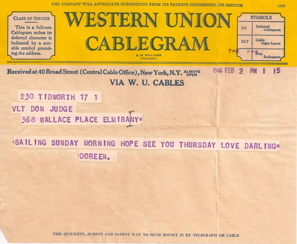 Telegram from my mother to my father, February 1946.