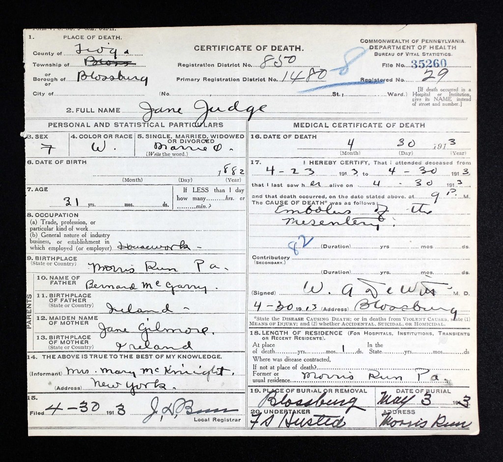 1913 Death Certificate, Jane McGarry Judge (1882 - 1913).