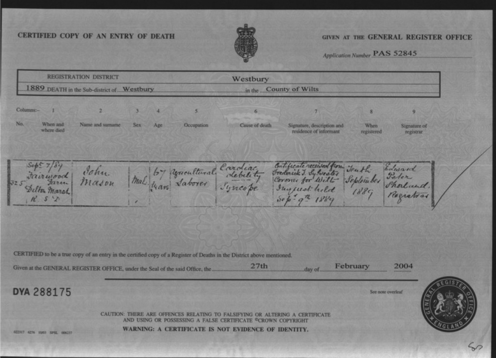 1889 death certificate for John Mason, aged 67.